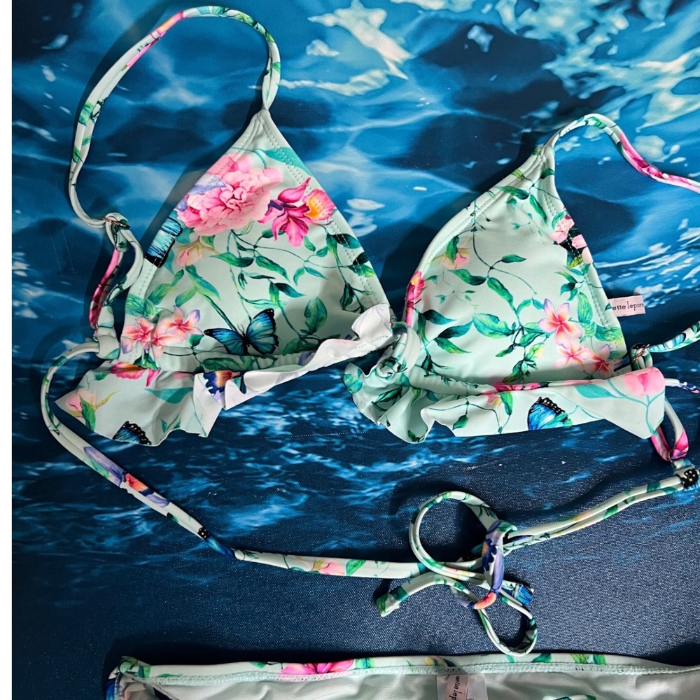 ☀️Nanette Lepore Floral Butterfly Ruffle Triangle Bikini Set Mint Green Size 8 - Picture 3 of 11